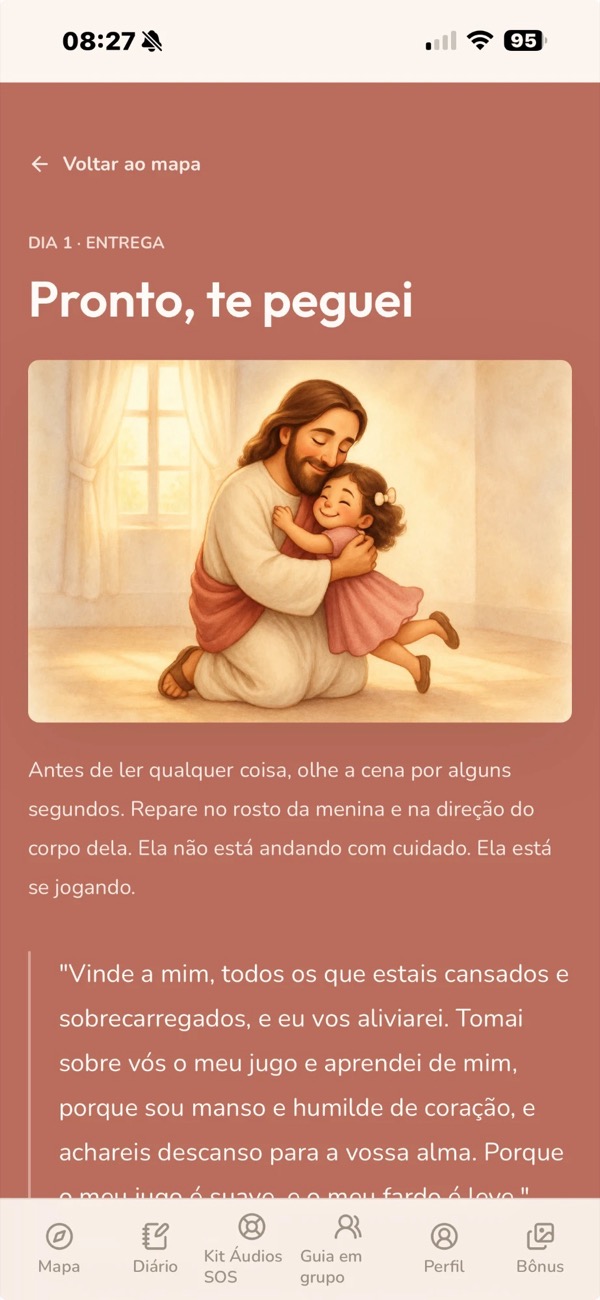 Tela do app no Dia 1: ilustração de Jesus abraçando uma menininha e o versículo de Mateus 11:28