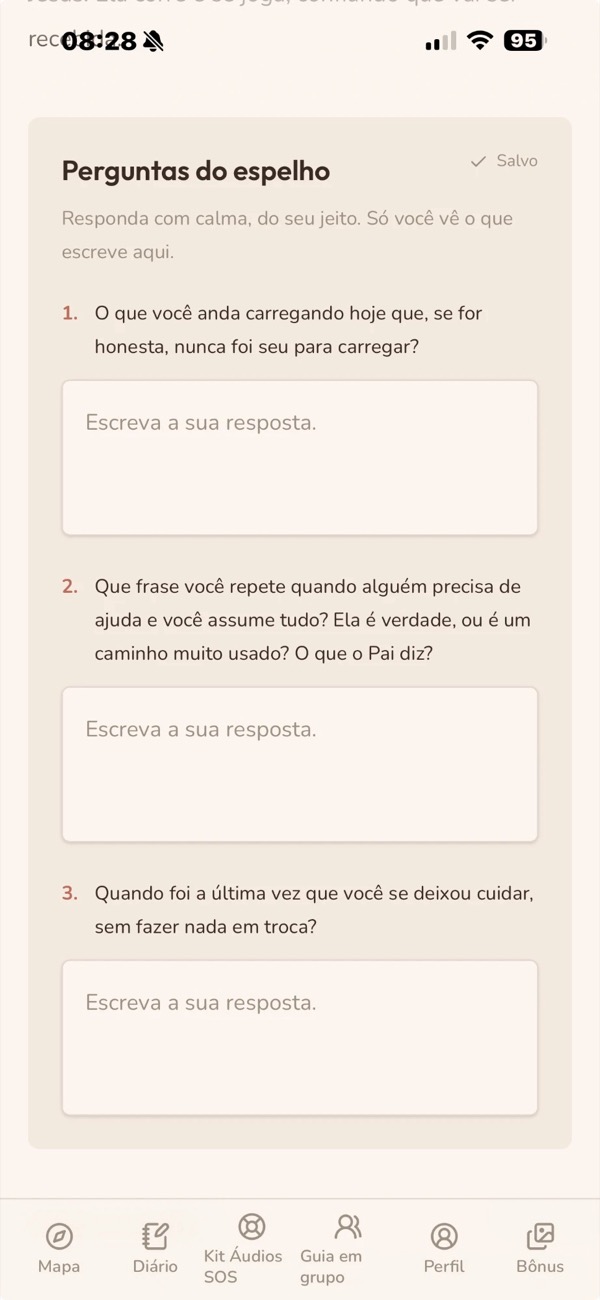 Tela do app com as três perguntas do espelho para responder
