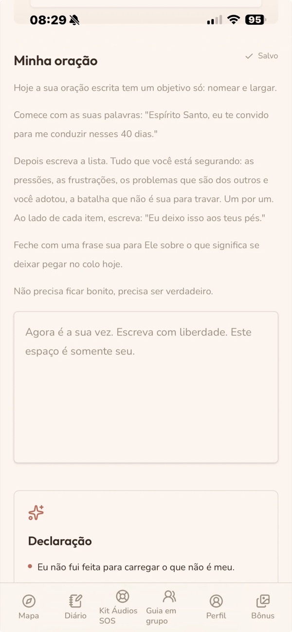 Tela do app com o espaço para escrever a sua oração e a declaração do dia