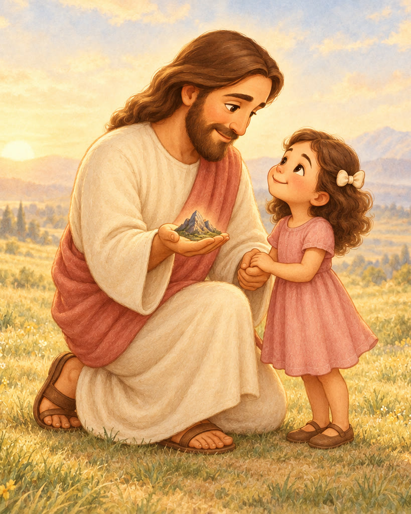 Jesus, ajoelhado na altura de uma menininha, mostra na mão aberta uma montanha do tamanho de uma pedrinha. A menininha segura a mão dele e olha para o rosto de Jesus, sorrindo. Ao fundo, a montanha grande aparece clara e distante.